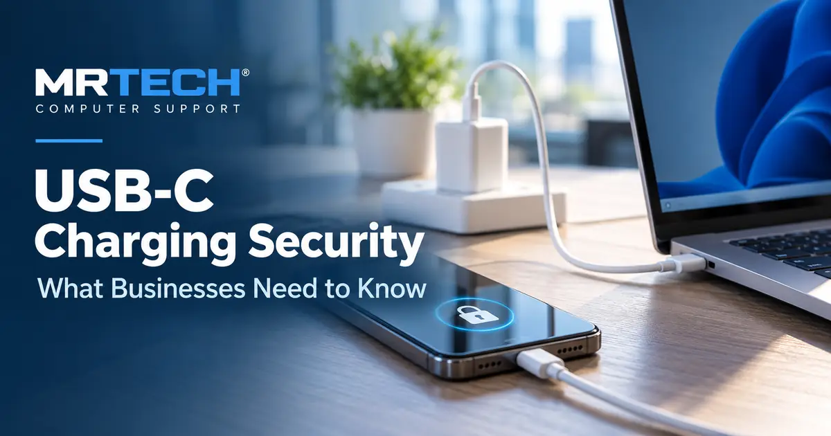 MRTECH Computer Support USB-C charging security guide showing a smartphone and laptop with USB-C charging cables.